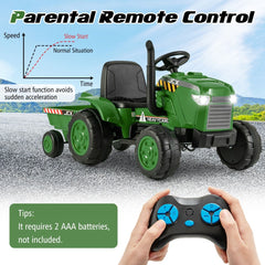 Costway 12V Kids Electric Car Tractor with Trailer and Remote Control - Green/Pink/Red/Dark Green